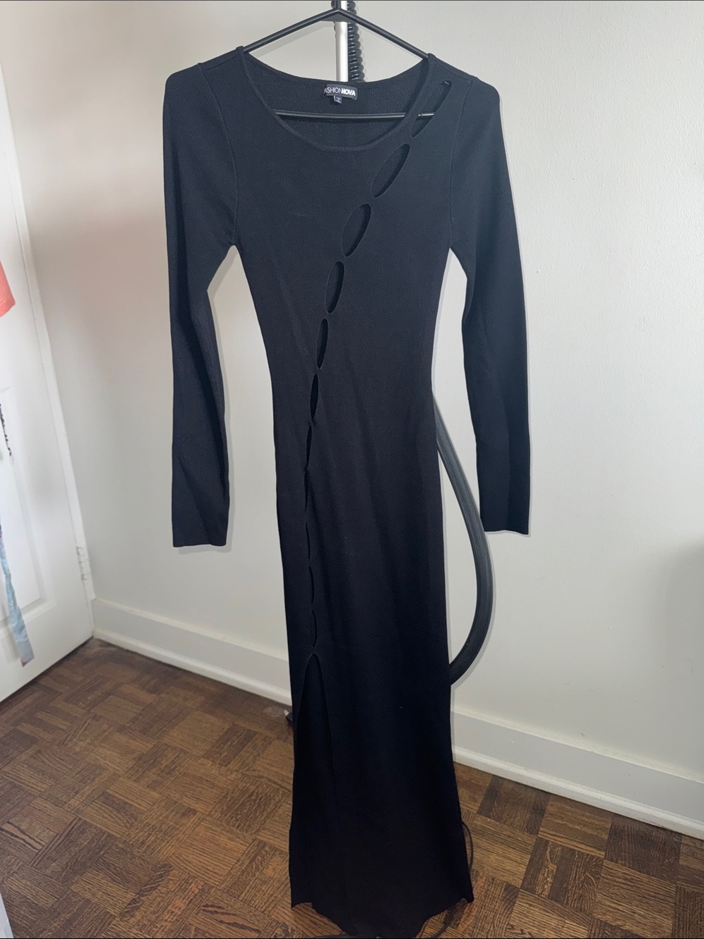 Fashion Nova Black Long Sleeve Maxi Dress with Diagonal Cutouts
